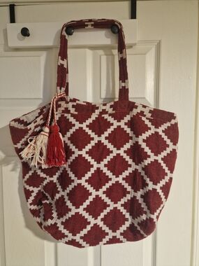 Madewell Red and White Geometric Amalfi Tote with Tassel
